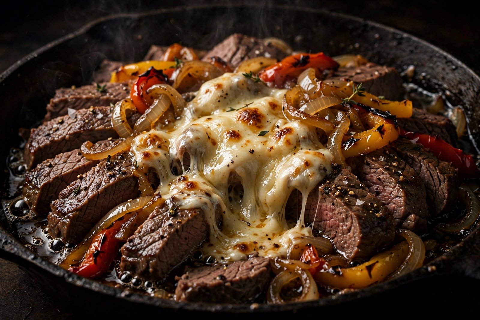 Cheesy Beef with Caramelized Onions and Peppers