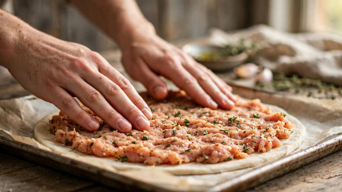Hands pressing raw chicken mixture into a thin crust on parchment