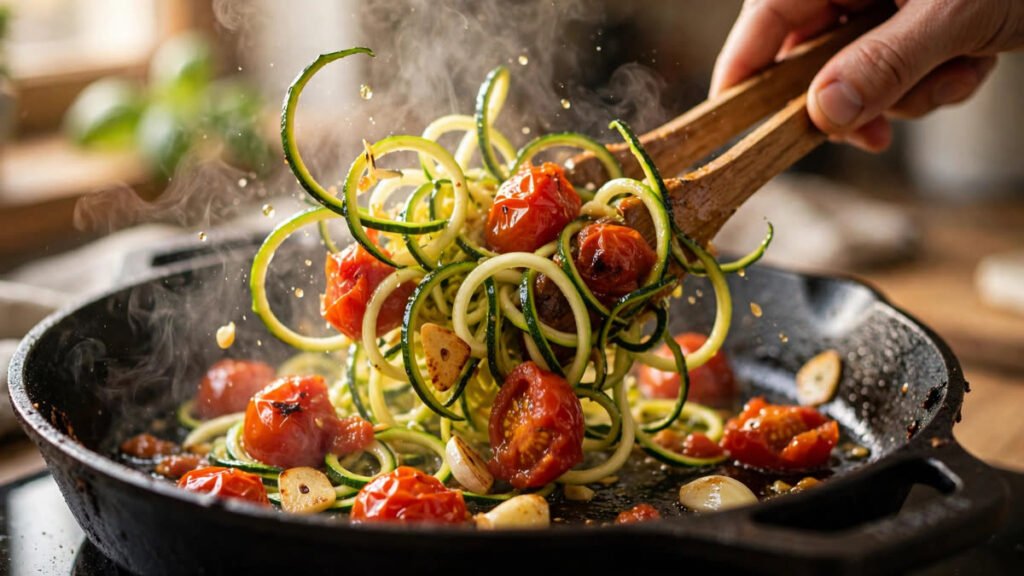 Skillet toss action shot of zucchini noodle primavera with hand and tongs