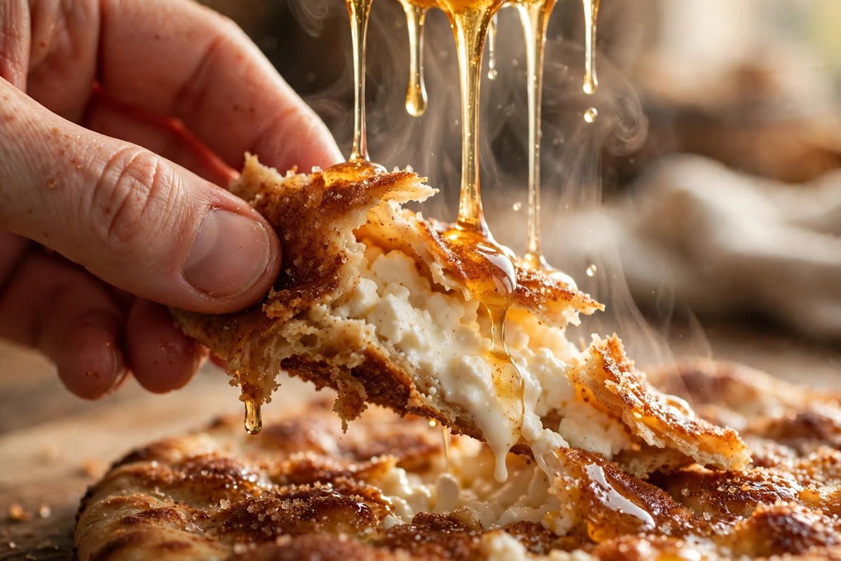 Close-up of a torn piece of cottage cheese cinnamon flatbread being lifted with honey drizzling and steam