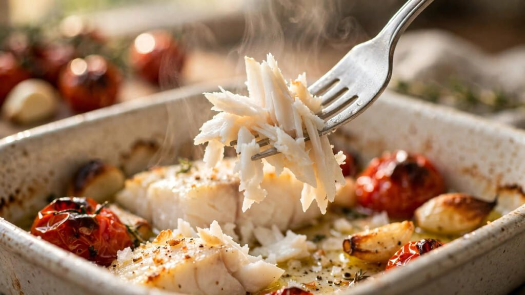 Fork lifting flaky baked cod with tomatoes