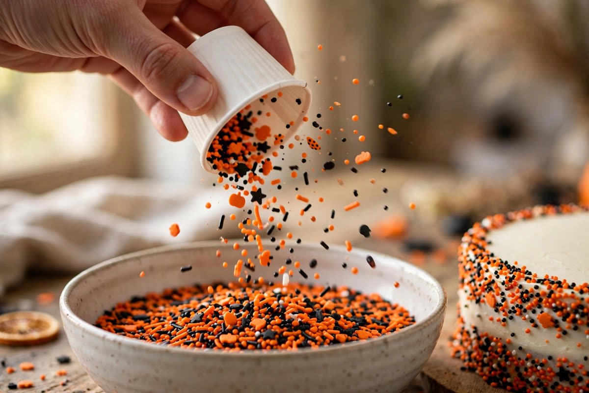 Hand flipping a cup to roll a Halloween dot cake in orange and black sprinkles