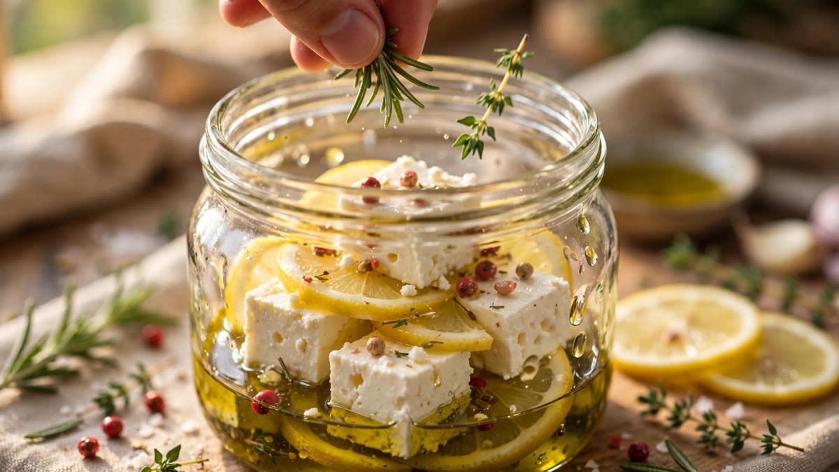 Lemon-Herb Marinated Feta prep-stage shot