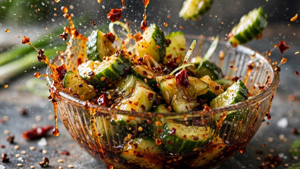 Viral Spicy Cucumber Salad tossed in chili oil dressing