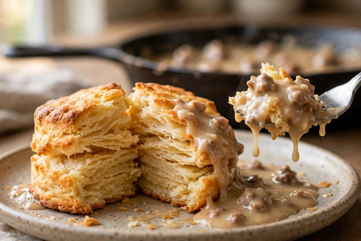 Split carnivore biscuit with sausage gravy on a fork