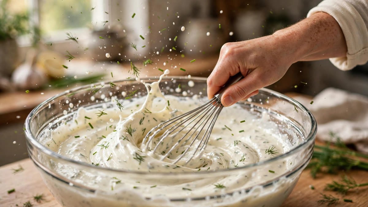 Making the Kourtney K Dip — whisking creamy Greek yogurt ranch dip with fresh herbs