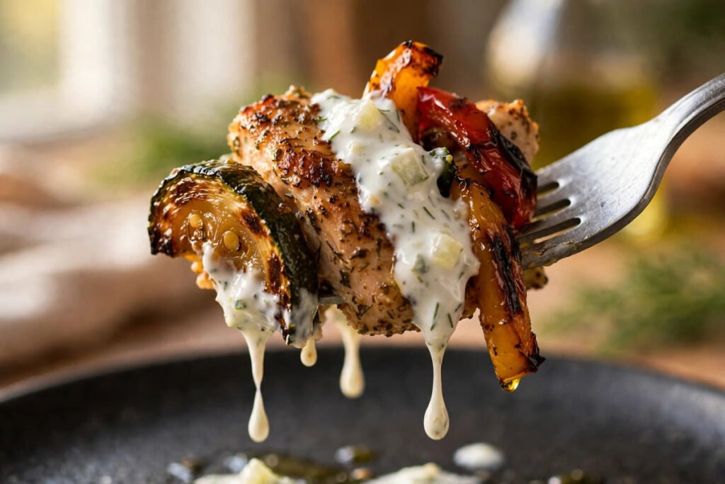 Fork lifting a bite of Mediterranean chicken with tzatziki drizzle