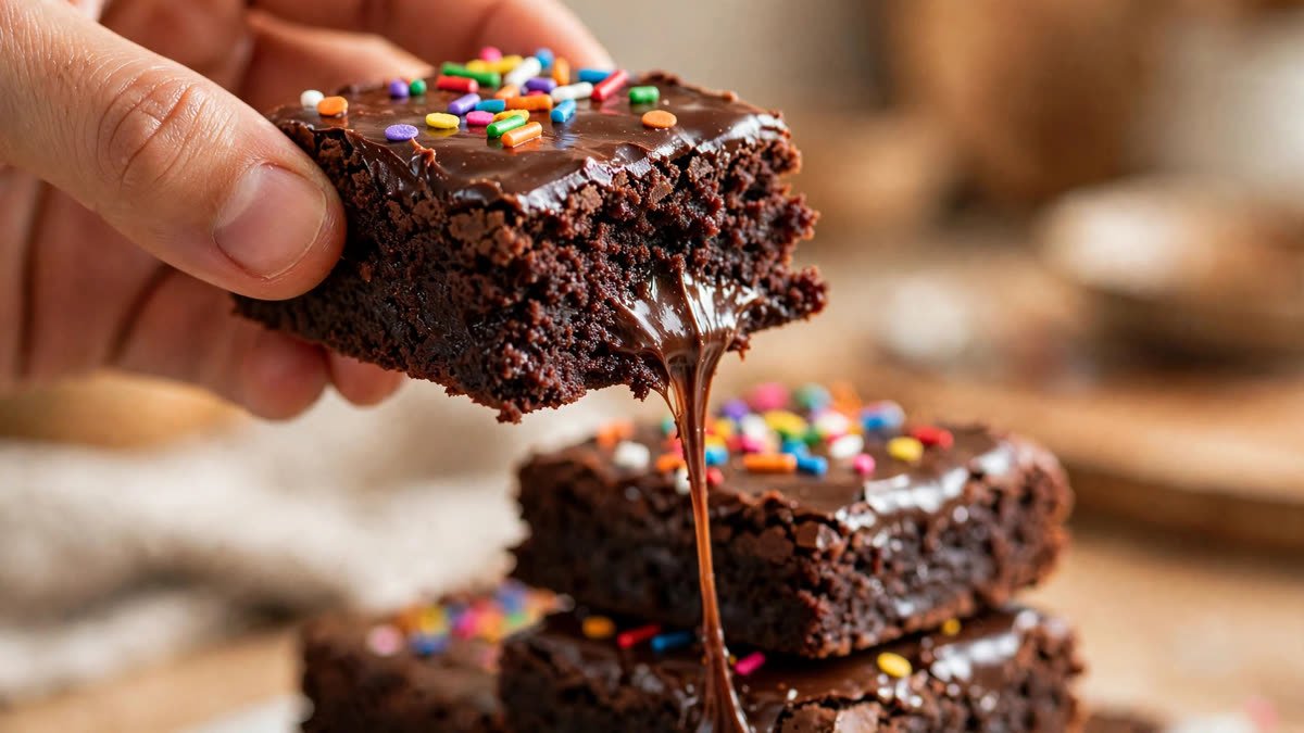 Hand lifting a fudgy protein cosmic brownie slice