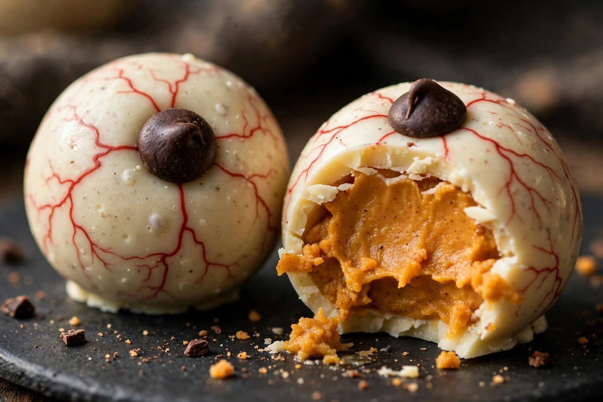 Close-up of pumpkin truffle eyeballs with chocolate pupils and red icing veins