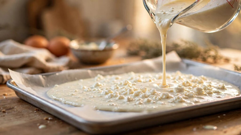 Pouring smooth cottage cheese flatbread batter onto a parchment-lined baking sheet