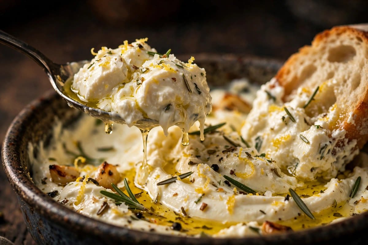 Spoon scooping lemon-herb marinated feta from a jar