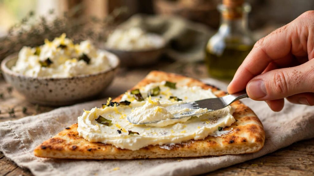 Hand spreading lemony whipped feta onto a toasted pita