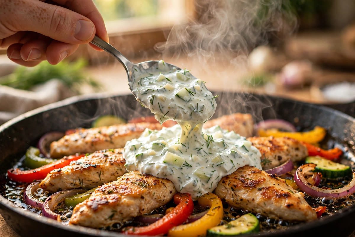 Mediterranean chicken and fried veggies in a skillet with a hand dolloping creamy tzatziki
