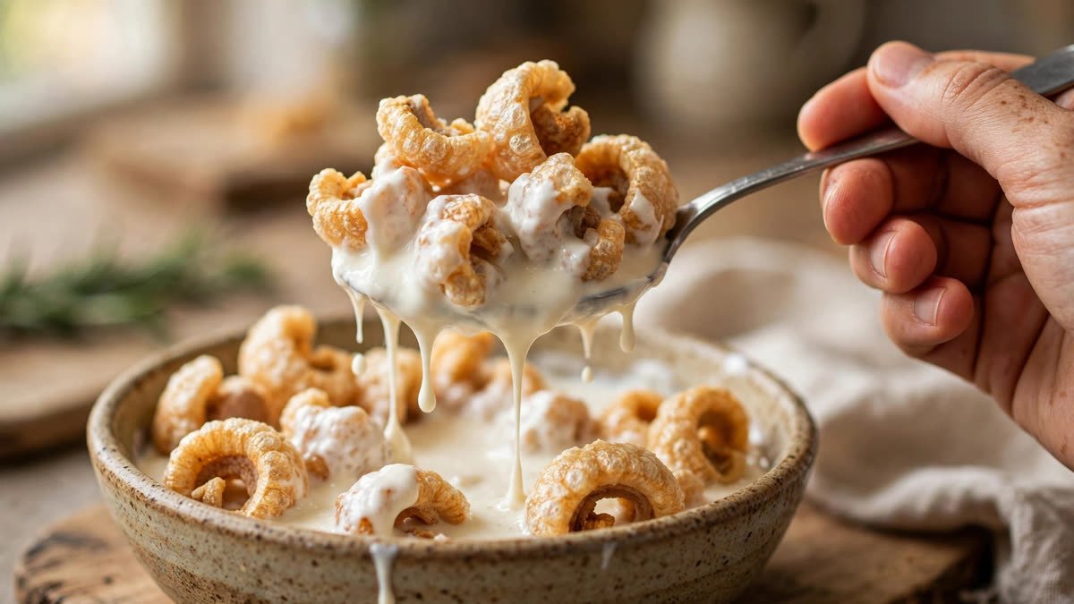 Pork rind cereal with heavy cream