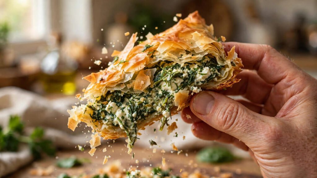 Hand-lifted piece of spanakopita showing the spinach-feta cross-section