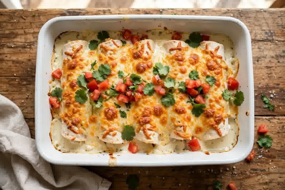 Creamy baked chicken enchiladas with melted cheese in a white baking dish