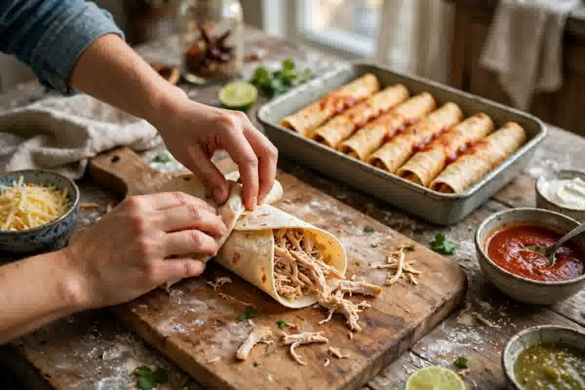 Rolling flour tortillas filled with shredded chicken
