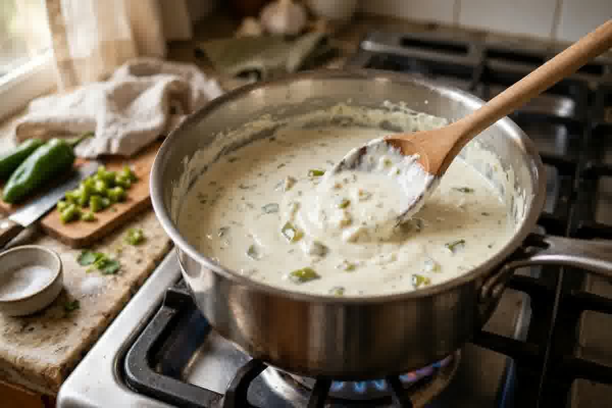 Creamy sour-cream enchilada sauce being stirred in a saucepan