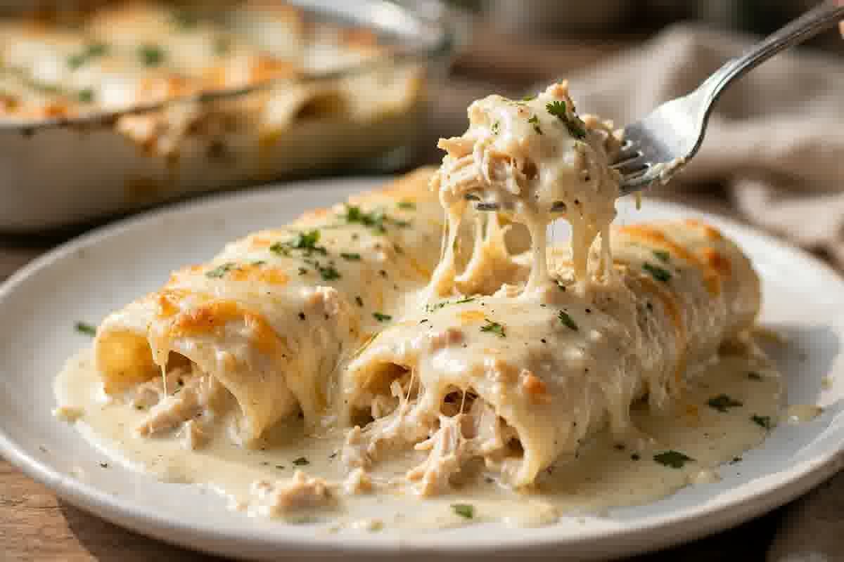 Creamy chicken enchiladas served on a white plate with melted cheese