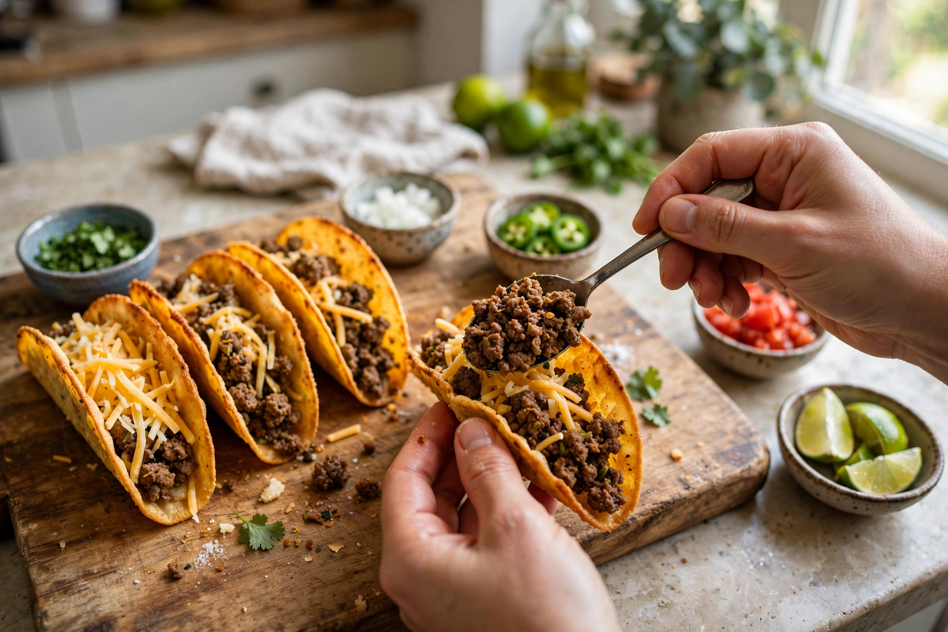 Filling crispy taco shells with seasoned beef and cheese