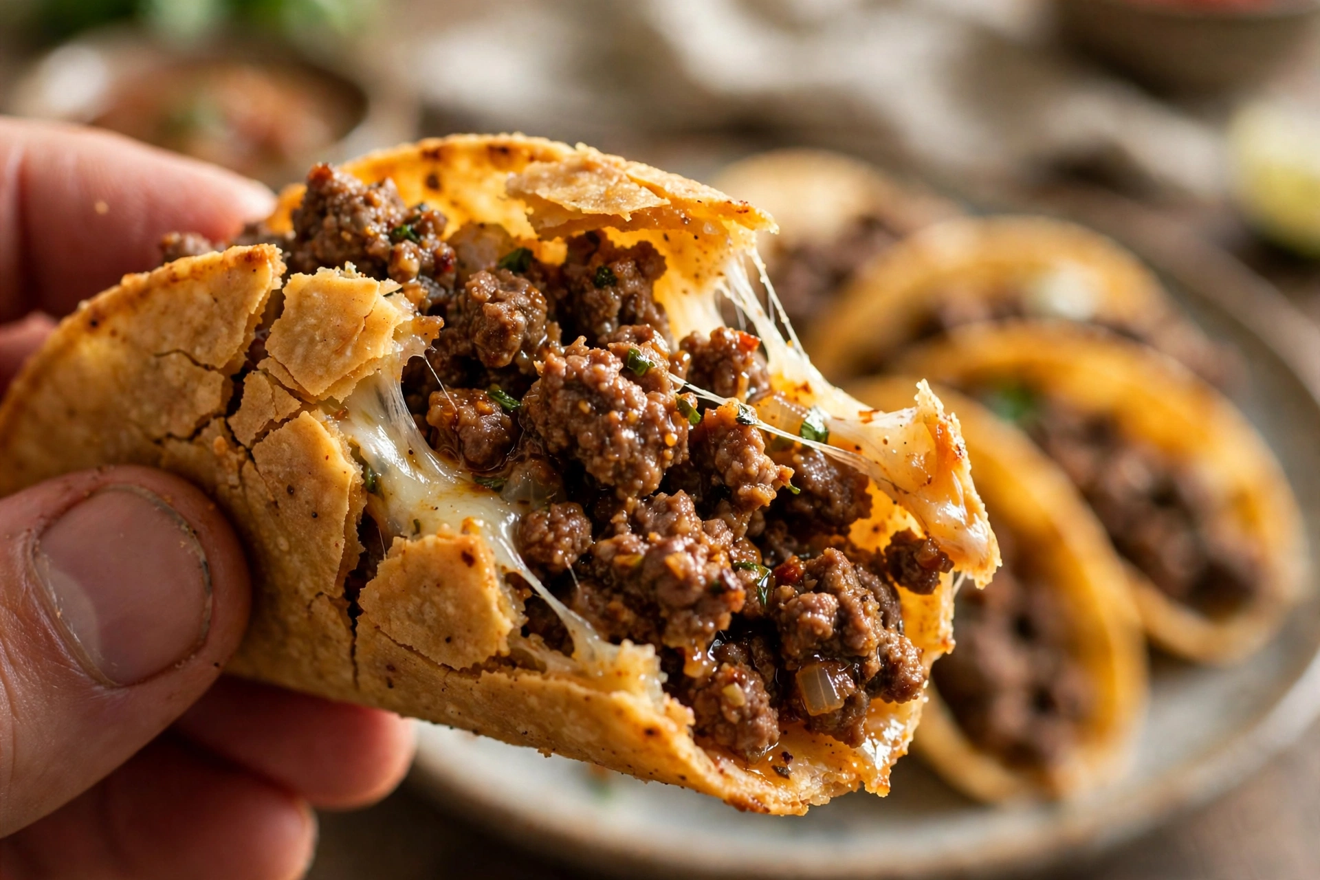 Close-up of a crispy beef taco with melted cheese