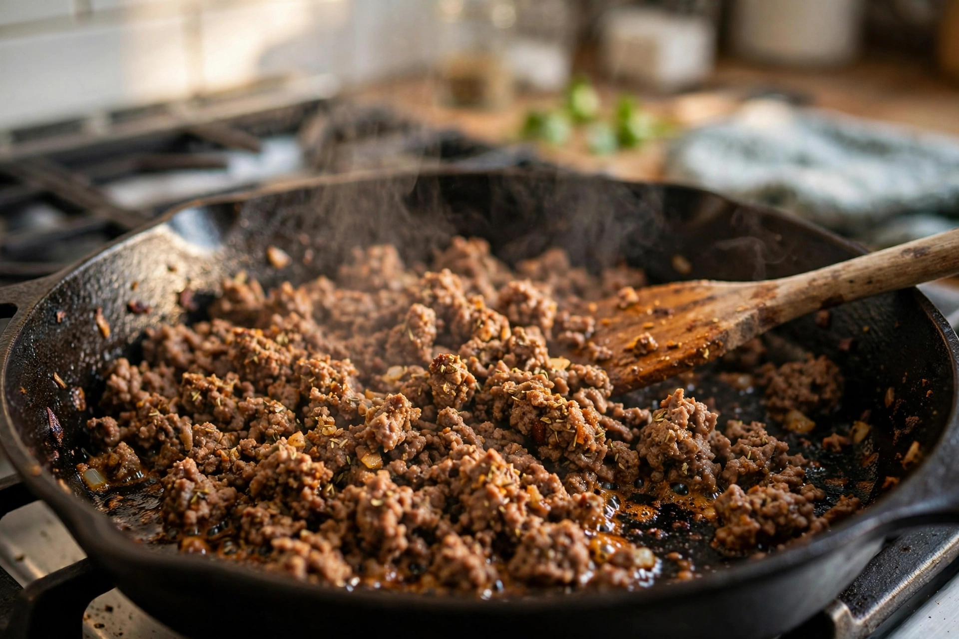 Seasoned ground beef browning in a cast iron skillet