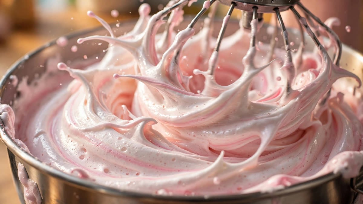 Glossy whipped apple pastila foam mid-whip in a stand mixer bowl