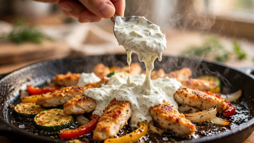Tzatziki being poured over sizzling Mediterranean chicken and fried veggies
